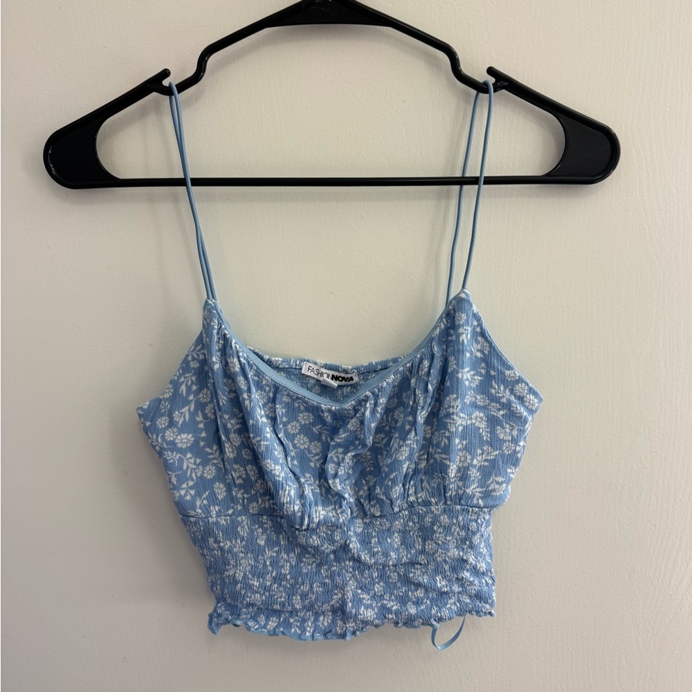 Fashion Nova Blue Ruched Tie Front Camisole